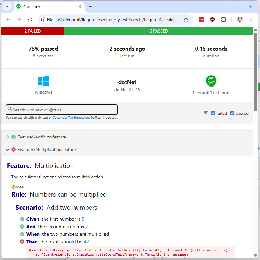 HTML report generated by Reqnroll Cucumber Messages PR