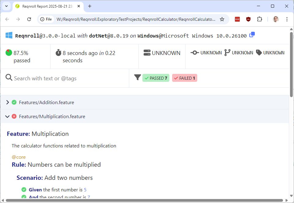 HTML report generated by Reqnroll v3